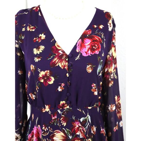 Lulus Purple Floral Short Dress Long Sleeves Fit and Flare Roses Tie Bow Medium - Picture 2 of 8